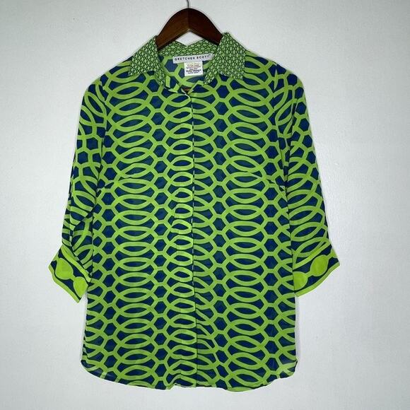 Gretchen Scott Shirt Womens XS Green Blue Geometric Print Button Up Top - Picture 1 of 7